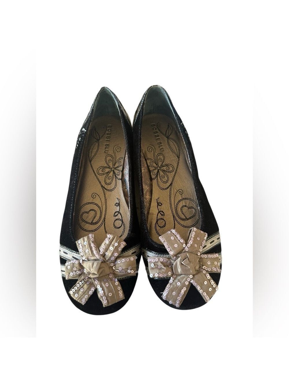 Anthropologie Bobbi Blu Black and Silver Velvet Katie Flats size 8.5 Art to wear